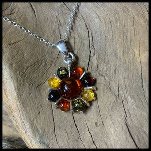 Multi Color Amber Sterling Silver Flower Necklace