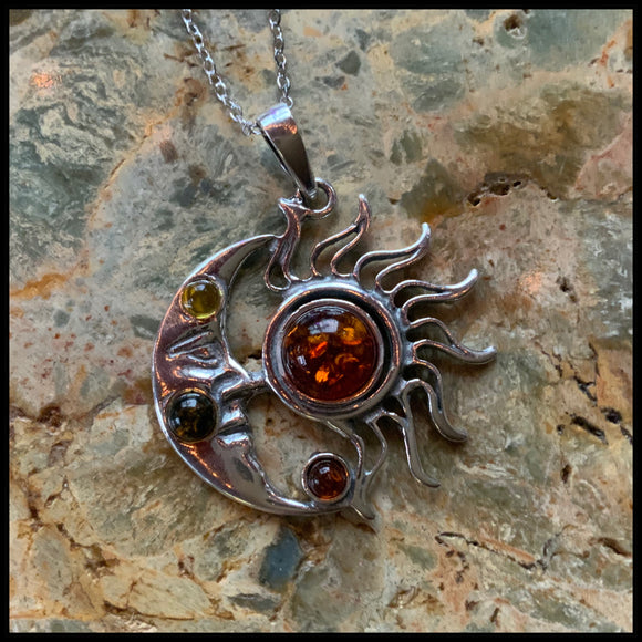 Genuine Baltic Amber Sun And Moon Celestial Necklace