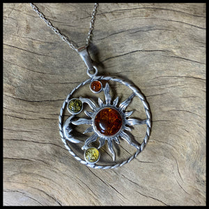 Multi Color Amber .925 Silver Sun and Moon Necklace