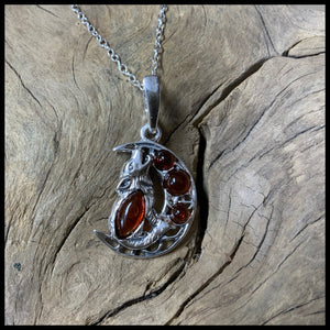 Cognac Amber Wolf On The Moon Necklace