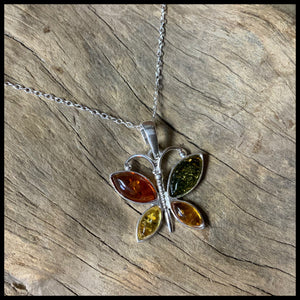 Multi Color Amber .925 Sterling Silver Butterfly Necklace