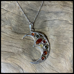 Multi Color Amber .925 Silver Moon Necklace
