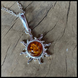 Cognac Amber Sterling Silver Sun Necklace