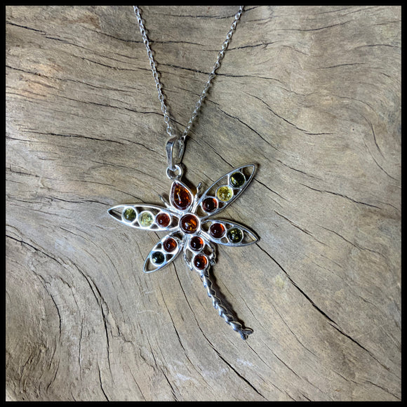 Multi Color Amber .925 Silver Dragonfly Necklace